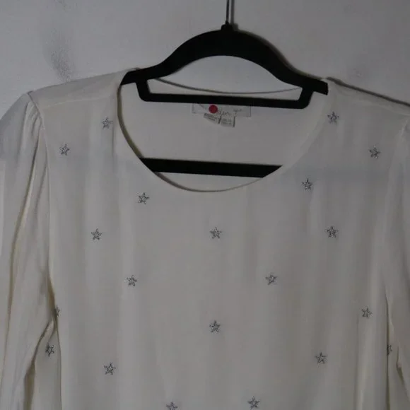 Boden Tori Embroidered Top Metallic Silver Stars Size 8 Bubble Sleeves - Picture 3 of 7